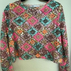 Zara Neon Sequin Long Sleeve Top, Size Medium, Semi cropped.